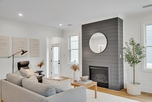 living area with wood finished floors, a fireplace, and recessed lighting