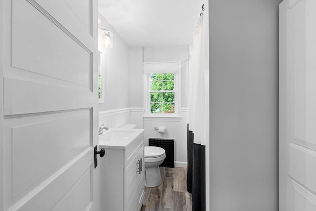 190 Winthrop St, Taunton, MA 02780 - bathroom featuring vanity, wood finished floors, wainscoting, and radiator heating unit