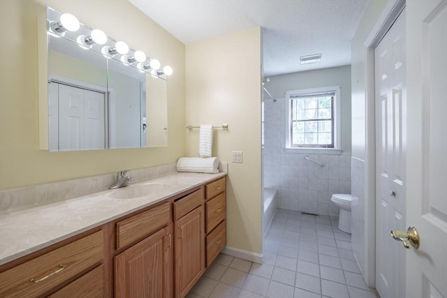 9 Lauren Ln, Southwick, MA 01077 - full bathroom with tile patterned floors, toilet, vanity, tile walls, and shower / tub combination