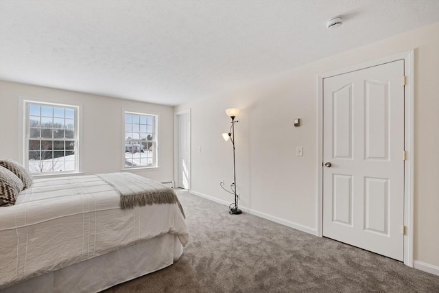 bedroom with carpet floors, baseboard heating, and baseboards