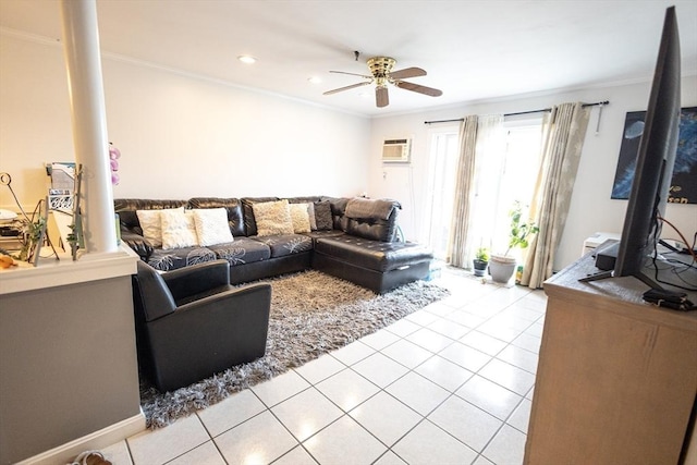 38 Carter St Unit 303, Everett, MA 02149 - living area with a ceiling fan, crown molding, light tile patterned floors, a wall mounted AC, and recessed lighting