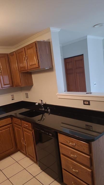 38 Carter St Unit 303, Everett, MA 02149 - kitchen with black dishwasher, ornamental molding, dark countertops, brown cabinets, and light tile patterned floors