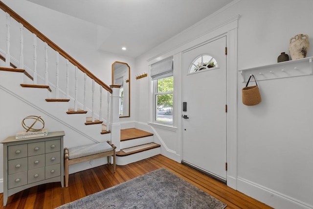 614 Summer St, Arlington, MA 02474 - entrance foyer featuring hardwood / wood-style floors, stairway, and recessed lighting