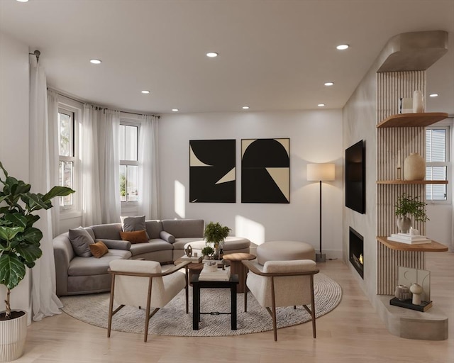 16 Trull St Unit 202, Somerville, MA 02145 - living area featuring recessed lighting, a fireplace, and light wood-style floors