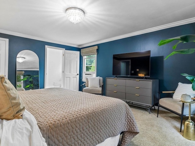 168 Maple St, Boston, MA 02132 - carpeted bedroom with ornamental molding, cooling unit, and a chandelier