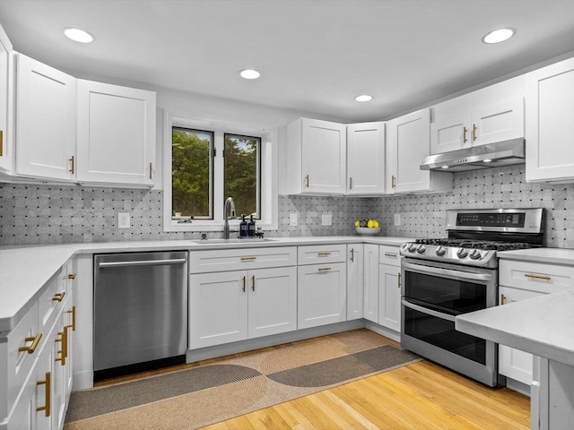 168 Maple St, Boston, MA 02132 - kitchen featuring appliances with stainless steel finishes, under cabinet range hood, light countertops, light wood-type flooring, and white cabinetry
