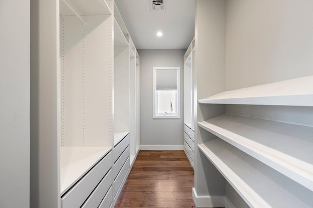 spacious closet featuring visible vents and dark wood finished floors