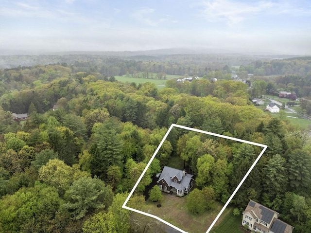 aerial view of property's location with a heavily wooded area and property parcel outlined