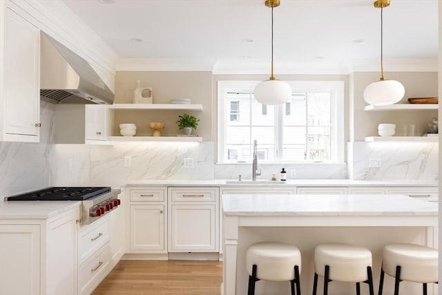 15 Woodcliff Rd, Newton, MA 02461 - kitchen featuring open shelves, wall chimney range hood, ornamental molding, a sink, and stainless steel gas cooktop