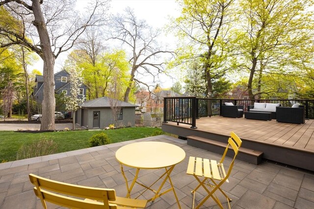 15 Woodcliff Rd, Newton, MA 02461 - view of patio / terrace featuring outdoor lounge area, a deck, and an outbuilding