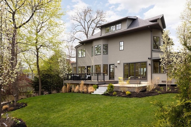 15 Woodcliff Rd, Newton, MA 02461 - rear view of property with a wooden deck, a lawn, and roof with shingles