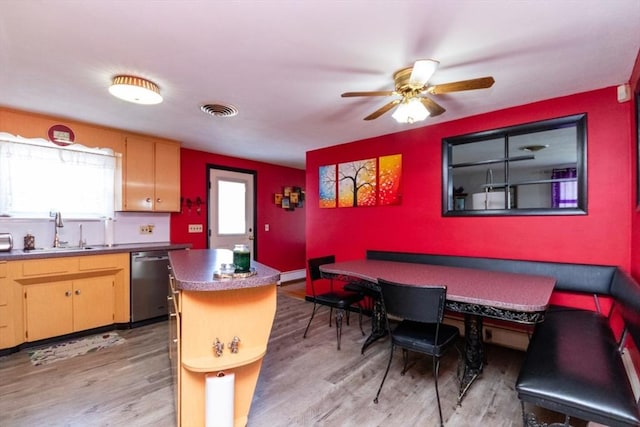 kitchen featuring dishwasher, a sink, light wood finished floors, and plenty of natural light
