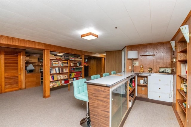 bar area with wood walls and light carpet