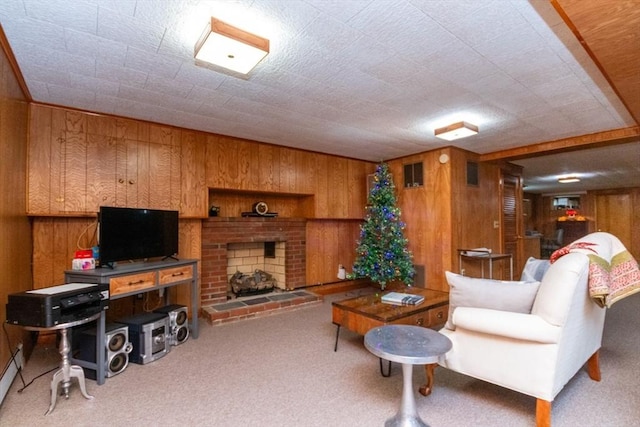 living area with wood walls, carpet, and a baseboard heating unit