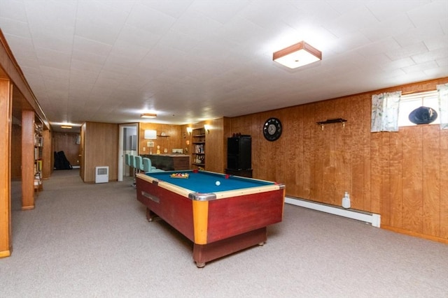 rec room featuring a baseboard heating unit, carpet floors, pool table, and wood walls
