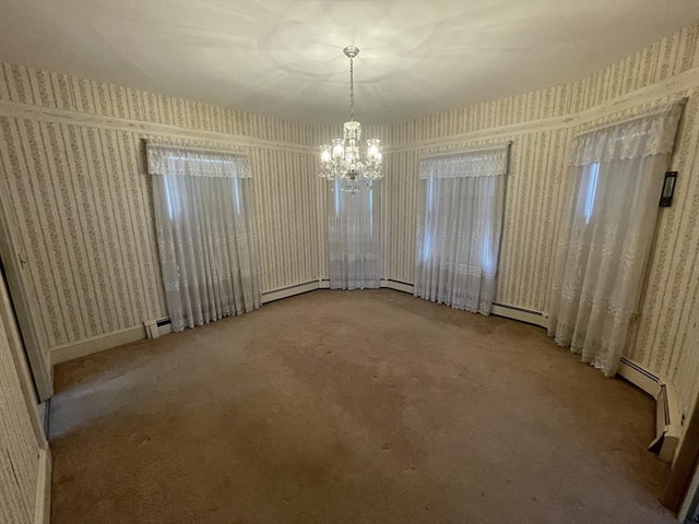 unfurnished dining area with a chandelier, carpet, and a baseboard radiator