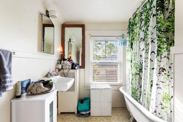126 W Wyoming Ave, Melrose, MA 02176 - bathroom featuring a freestanding tub, a sink, and lofted ceiling