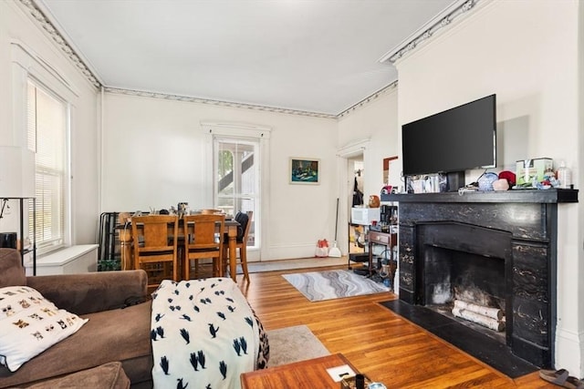 126 W Wyoming Ave, Melrose, MA 02176 - living area with wood finished floors and a fireplace with flush hearth