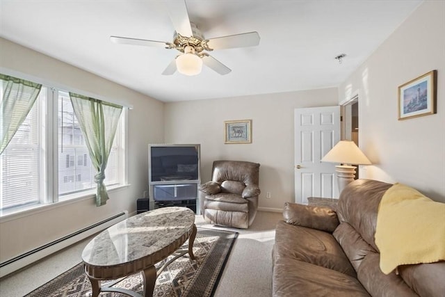 carpeted living room featuring ceiling fan and a baseboard heating unit