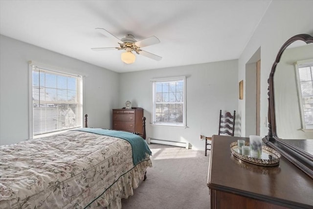 carpeted bedroom with ceiling fan and baseboard heating