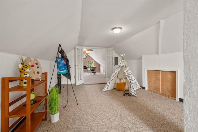 46 Farquhar Unit 2, Boston, MA 02131 - recreation room featuring carpet floors, lofted ceiling, and french doors