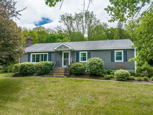19 Zabelle Ave, Auburn, MA 01501 - ranch-style home featuring a chimney, a front yard, and a shingled roof