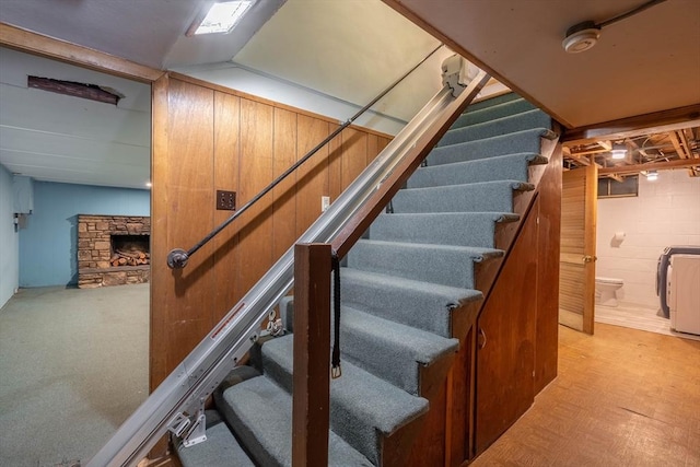 19 Zabelle Ave, Auburn, MA 01501 - stairs featuring a stone fireplace, washer / clothes dryer, and concrete block wall