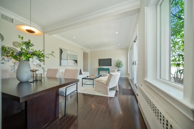 56 Commonwealth Ave Ph, Ph, Boston, MA 02116 - living room with radiator, dark wood finished floors, recessed lighting, ornamental molding, and baseboards