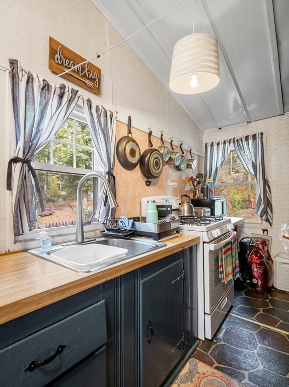 kitchen with a healthy amount of sunlight, ornamental molding, sink, and white gas range