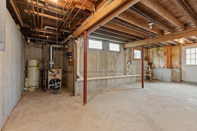 basement with a heating unit and water heater