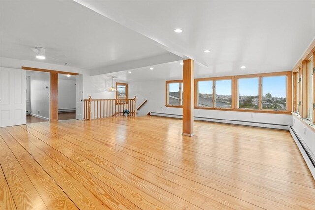 interior space with a baseboard radiator, recessed lighting, and light wood-style floors