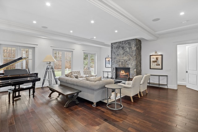 living room featuring crown molding, a large fireplace, and dark hardwood / wood-style flooring