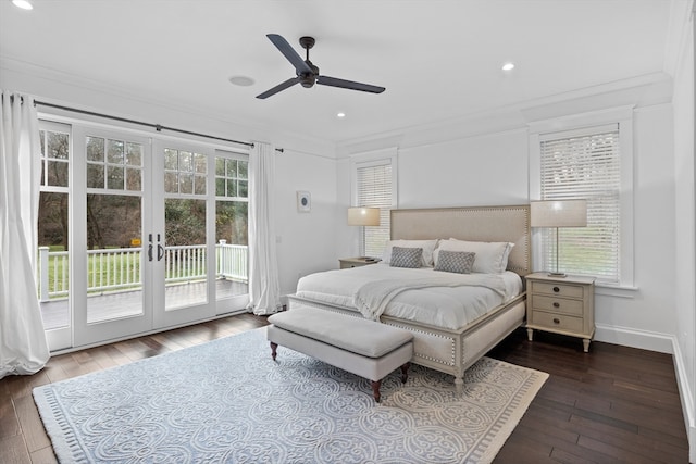 bedroom with dark wood-type flooring, french doors, access to exterior, ceiling fan, and ornamental molding