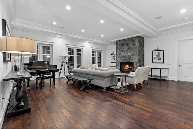 living room with crown molding, dark wood-type flooring, and a large fireplace