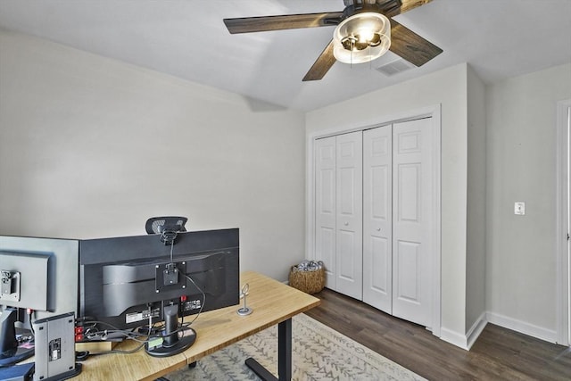 office featuring dark hardwood / wood-style floors and ceiling fan