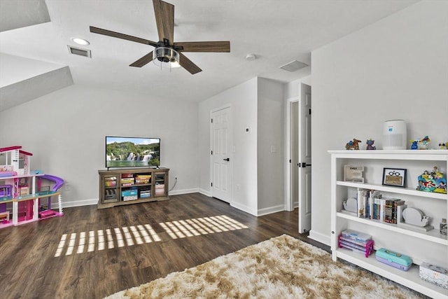 game room featuring dark hardwood / wood-style floors and ceiling fan