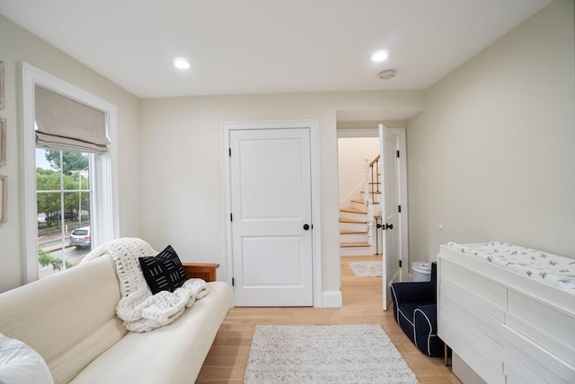 7 Newman St, Cambridge, MA 02140 - living area with stairway, recessed lighting, and light wood finished floors