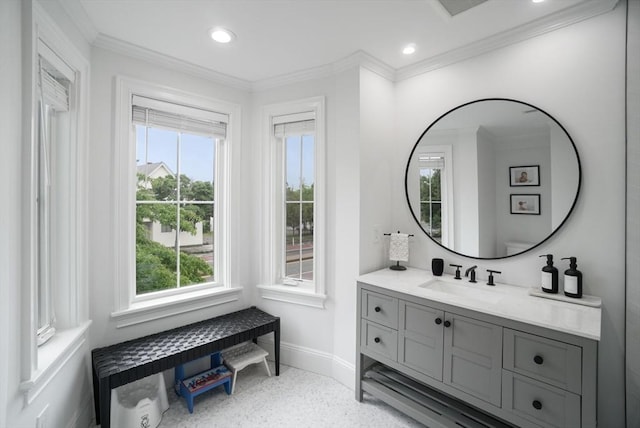 7 Newman St, Cambridge, MA 02140 - bathroom with baseboards, plenty of natural light, vanity, speckled floor, and recessed lighting