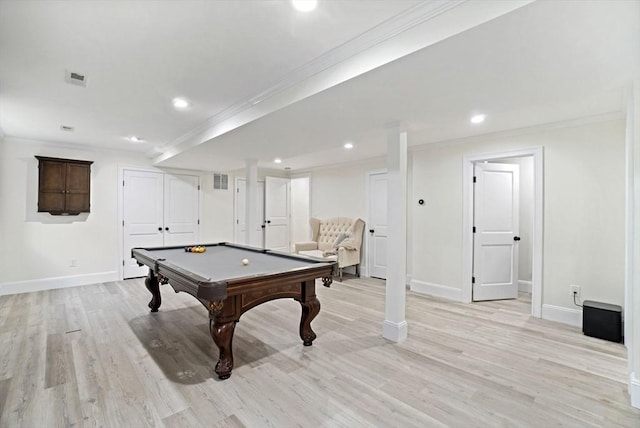 7 Newman St, Cambridge, MA 02140 - playroom with baseboards, crown molding, billiards, light wood-style flooring, and recessed lighting