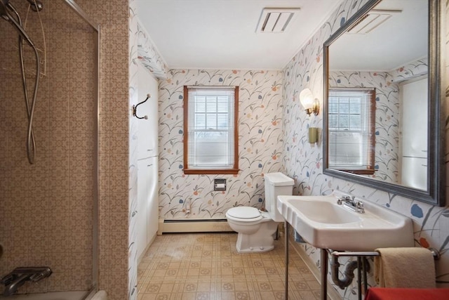 bathroom with walk in shower, a baseboard radiator, and toilet