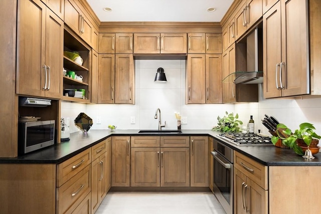 202 Fuller Unit 6, Brookline, MA 02446 - kitchen featuring stainless steel appliances, a sink, tasteful backsplash, dark countertops, and open shelves