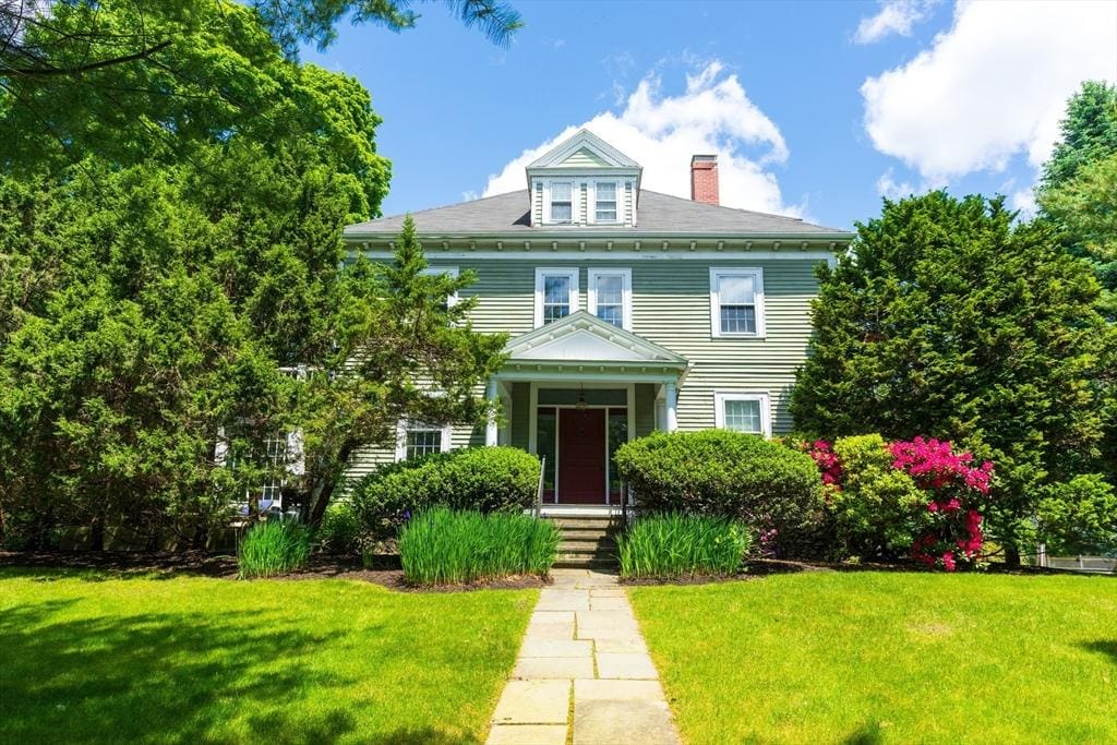 1245 Commonwealth Ave, Newton, MA 02465 - american foursquare style home with a chimney and a front lawn