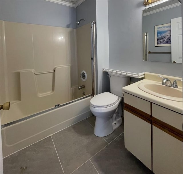 full bathroom with toilet, tile patterned flooring, vanity, shower / tub combination, and ornamental molding