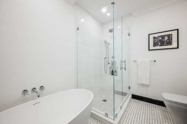 bathroom with toilet, independent shower and bath, and ornamental molding