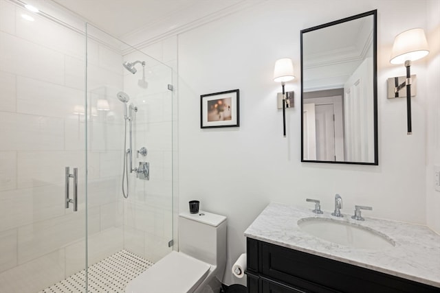 bathroom featuring crown molding, vanity, and walk in shower