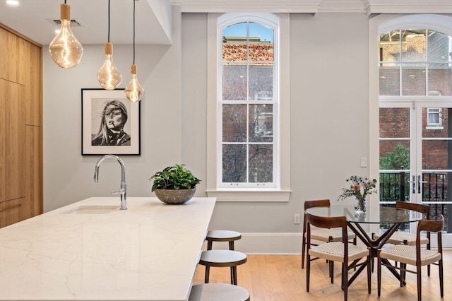 dining area with sink, a healthy amount of sunlight, and light hardwood / wood-style flooring