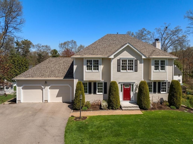 57 Bouffard Dr, Marlborough, MA 01752 - colonial house with a garage, a front lawn, aphalt driveway, roof with shingles, and a chimney