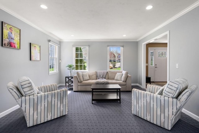 57 Bouffard Dr, Marlborough, MA 01752 - living area featuring dark carpet, recessed lighting, baseboards, and ornamental molding