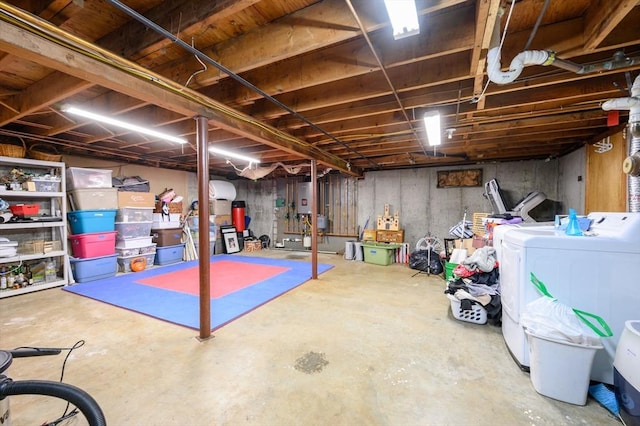 unfinished below grade area with washing machine and dryer and electric panel