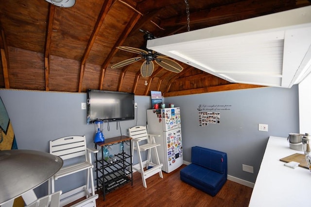living area with a ceiling fan, baseboards, wood finished floors, vaulted ceiling, and wood ceiling